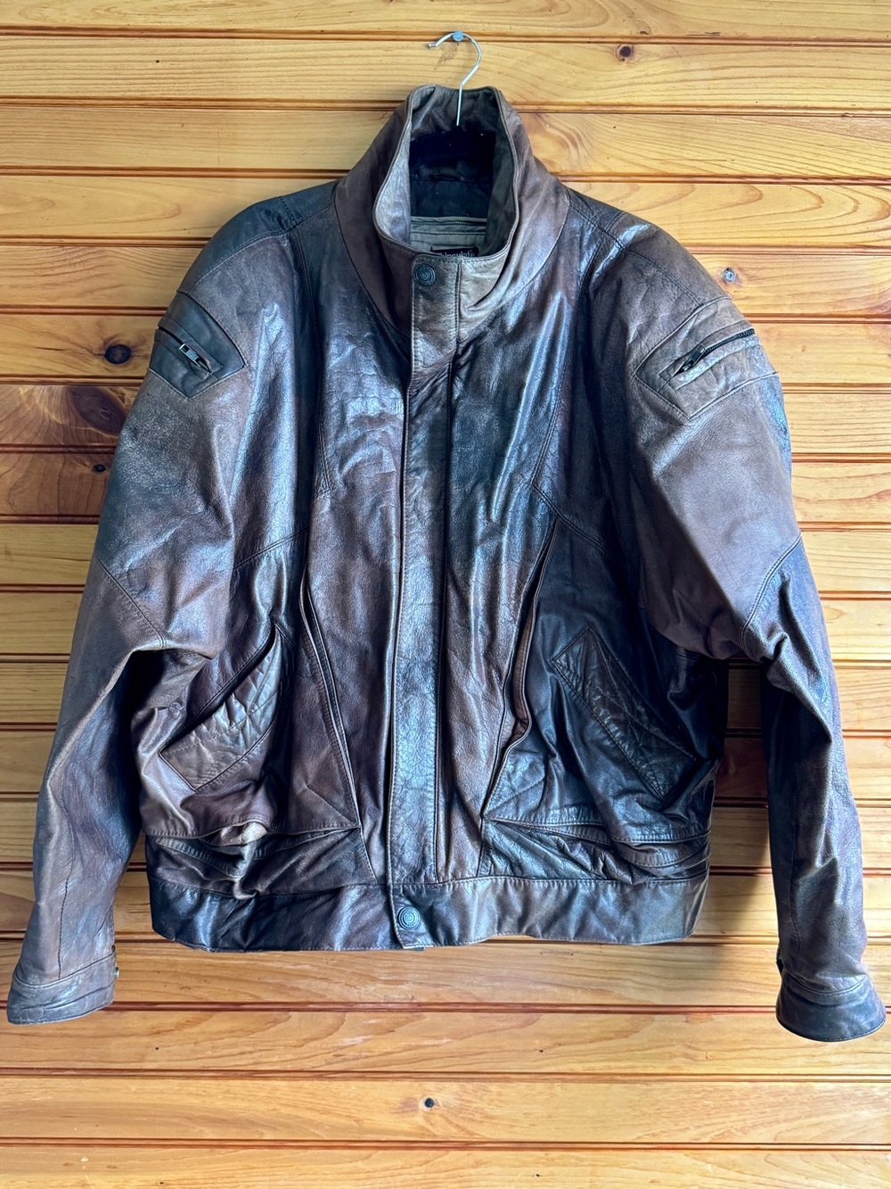 90s Brown Leather Bomber Jacket L Oversized Flight Aviator Adventure Bound